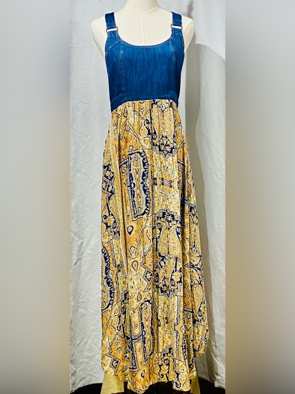 Free People Patchwork Paisley Maxi Dress in Mustard & Navy Denim Bust Size XS
